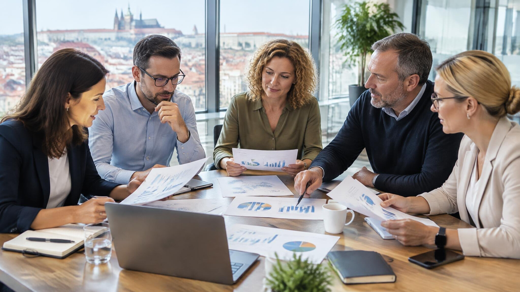 Analytical team discussing survey results in a meeting room