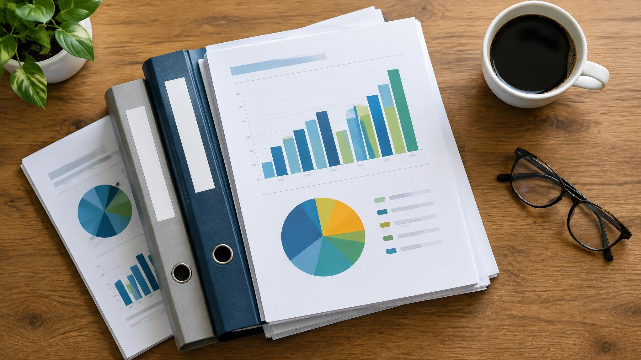 Stack of printed research reports on an office desk